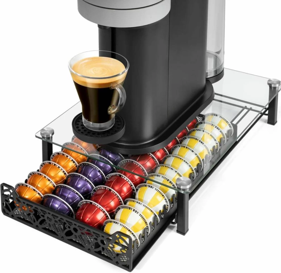 RECAPS Crystal Clear Sliding Coffee Pod Organizer – Holds 50 Nespresso Vertuo, 40 Large Vertuo, or 26 K-Cup Pods – Countertop Drawer for Nespresso & Keurig