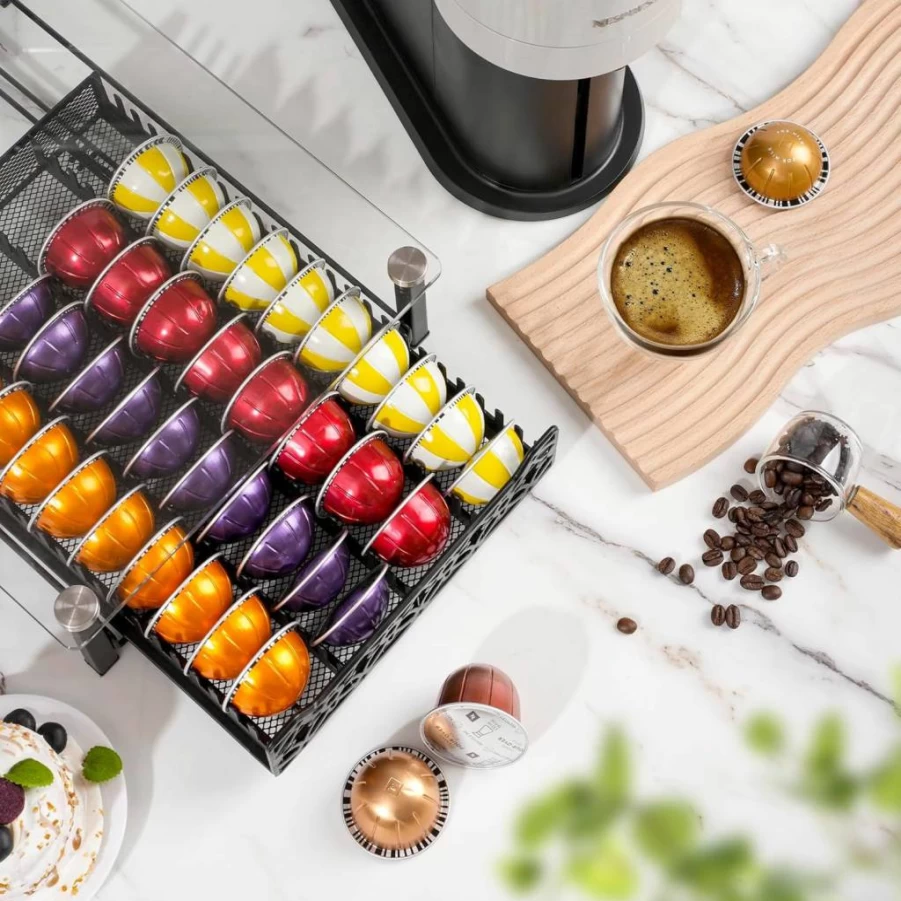RECAPS Crystal Clear Sliding Coffee Pod Organizer – Holds 50 Nespresso Vertuo, 40 Large Vertuo, or 26 K-Cup Pods – Countertop Drawer for Nespresso & Keurig