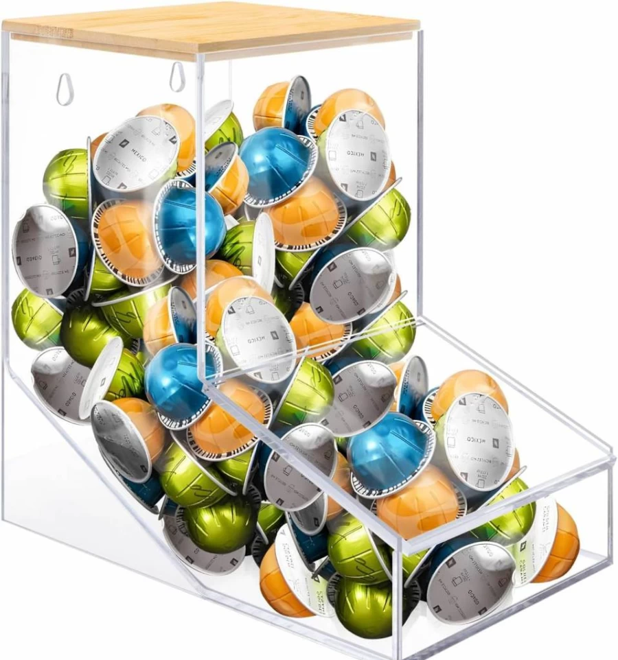 TCJJ 80-Ounce Clear Coffee Pod Holder with Bamboo Lid - K Cup Organizer for Nespresso Capsules, Keurig Compatible Countertop Storage