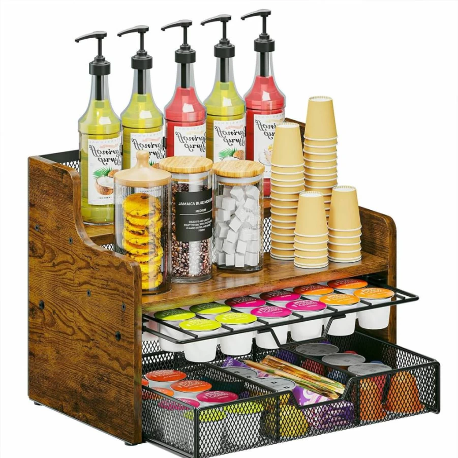 Tiaoheka 4-Tier Wooden Coffee Pod Holder with Drawer & Dividers - Countertop K Cup Organizer, Coffee Bar Storage Box for Kitchen Coffee Station