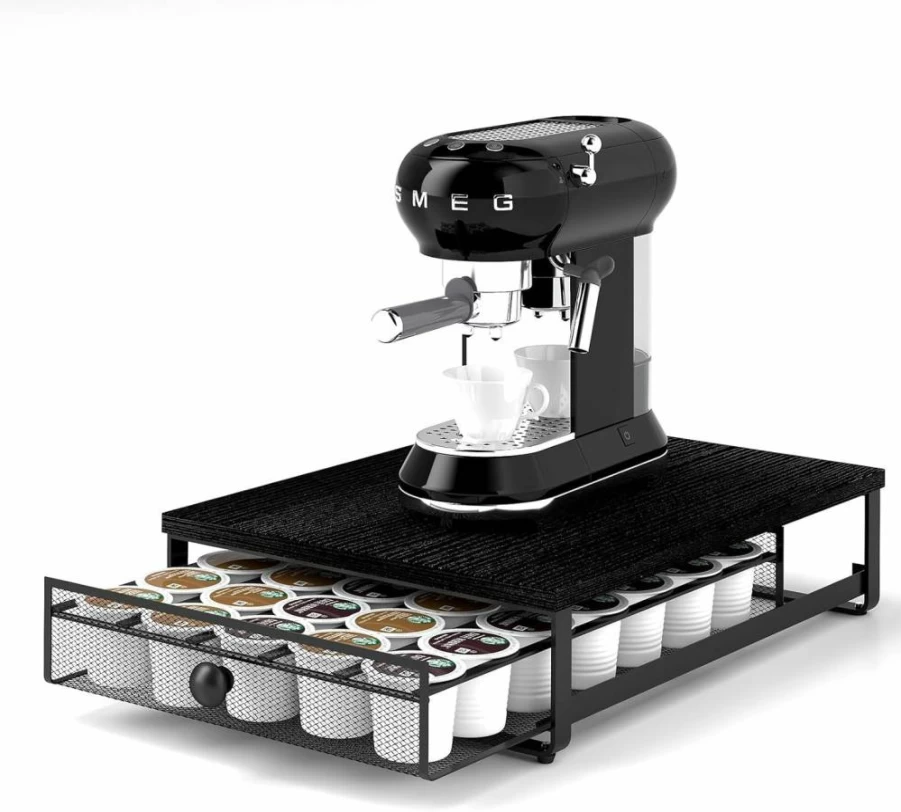 FERRIVISTA Coffee Pod Organizer Drawer with Sliding Baskets - 35 K-Cup Storage, Under Coffee Maker, for Kitchen, Office, Home - Brown
