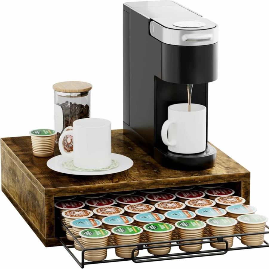 Aquzee Wooden K-Cup Organizer with Sliding Mesh Basket - 36 Pod Capacity, Keurig Coffee Pod Storage Drawer, Countertop Holder for Coffee Maker Machine Accessories