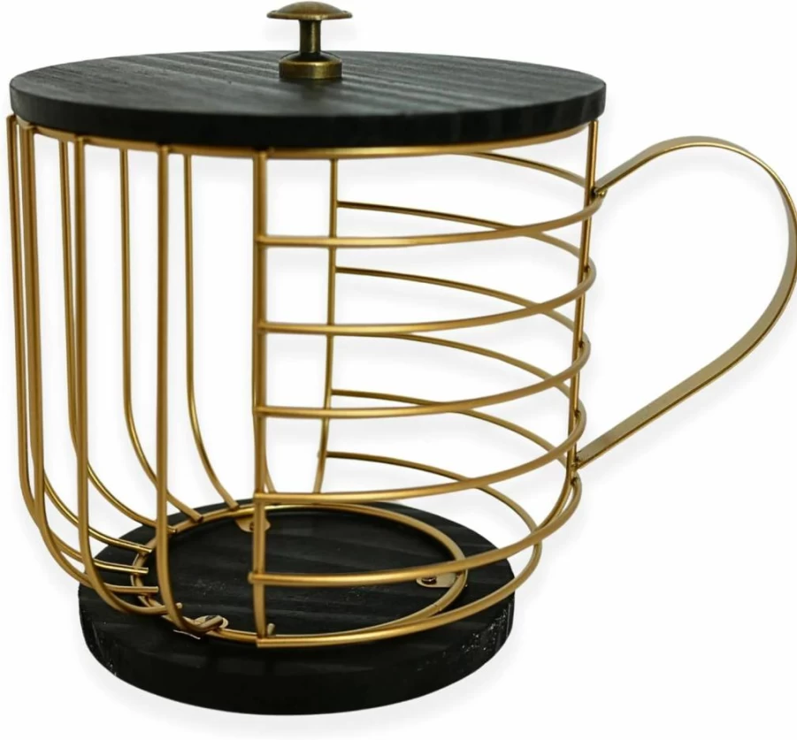 FIVE TWENTY CO. Large Gold Metal Coffee Pod Holder - Wooden Lid K-Cup Storage Basket - Compatible with Keurig Pods & Capsules - Coffee Bar Decor Organizer