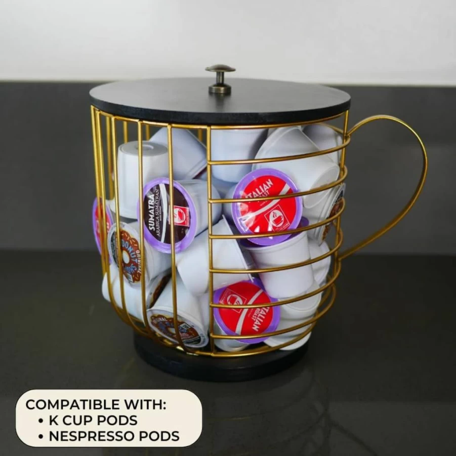 FIVE TWENTY CO. Large Gold Metal Coffee Pod Holder - Wooden Lid K-Cup Storage Basket - Compatible with Keurig Pods & Capsules - Coffee Bar Decor Organizer