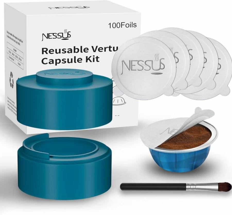 NESSUS Reusable Vertuo Capsule Kit with 100 Aluminum Foil Lids, Holder & Brush - Refillable Pods for Vertuoline Coffee Machines (Blue)