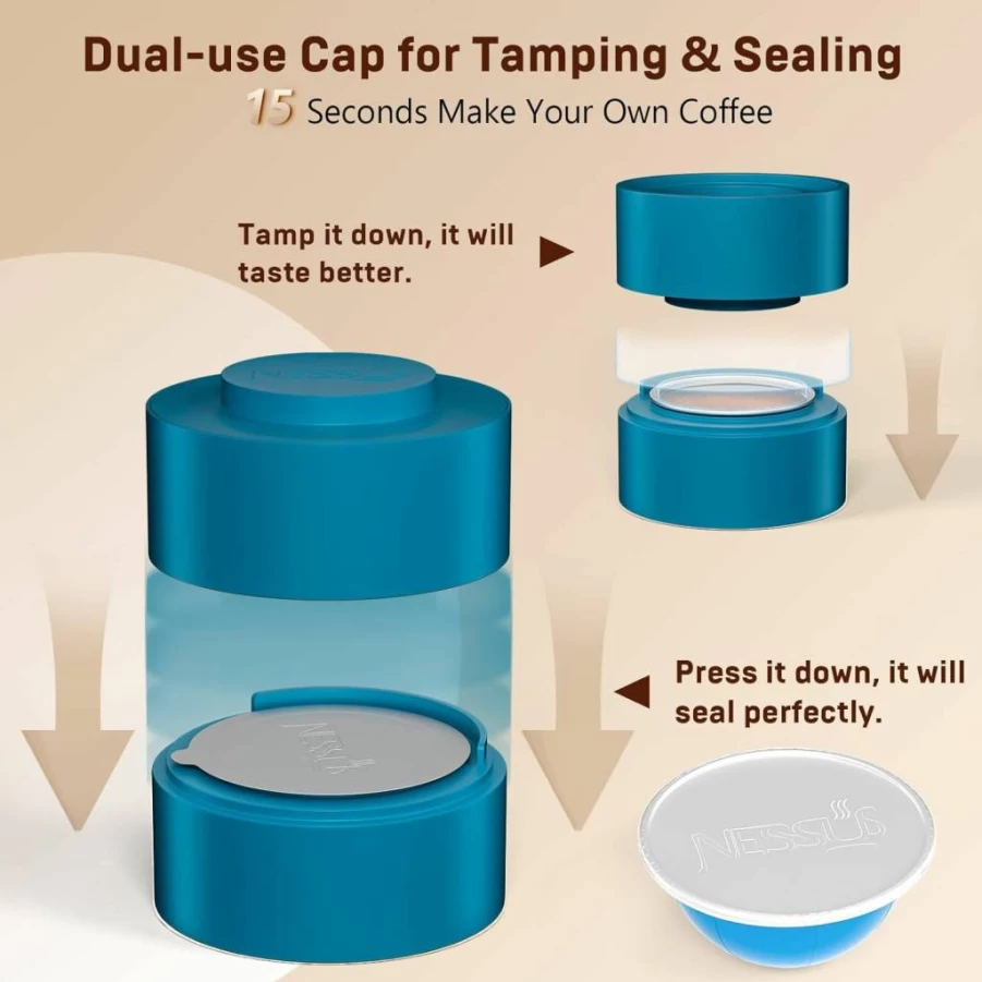 NESSUS Reusable Vertuo Capsule Kit with 100 Aluminum Foil Lids, Holder & Brush - Refillable Pods for Vertuoline Coffee Machines (Blue)