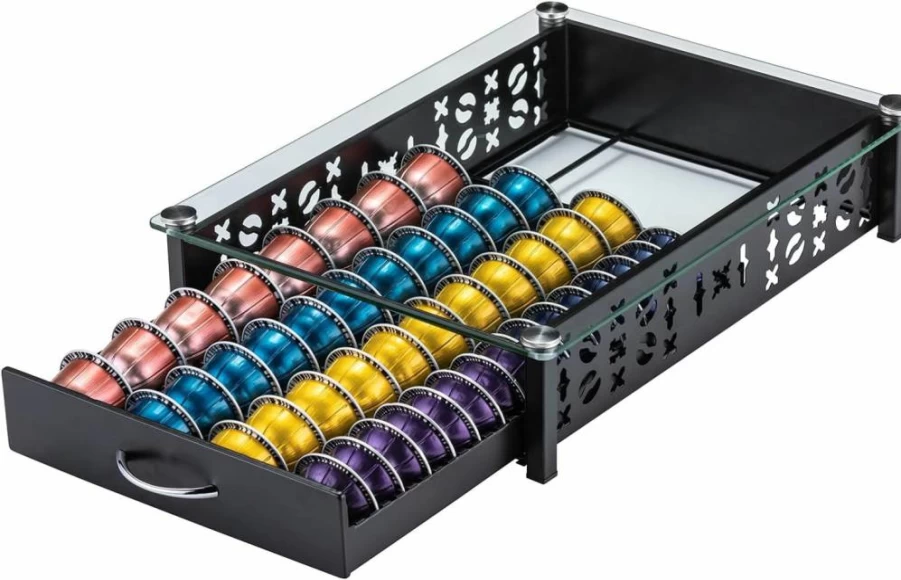 ZCDCP Nespresso Vertuo Pod Holder with Glass Top - 40 Capsule Storage Organizer Drawer for Coffee Pods