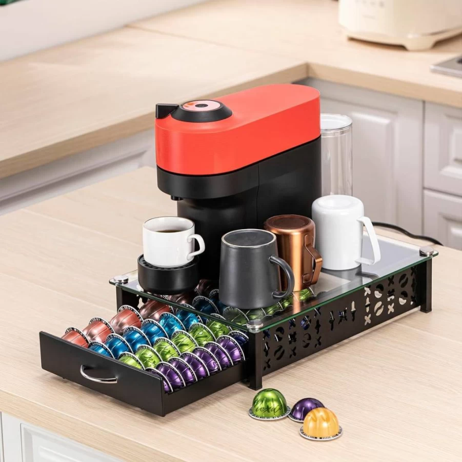 ZCDCP Nespresso Vertuo Pod Holder with Glass Top - 40 Capsule Storage Organizer Drawer for Coffee Pods
