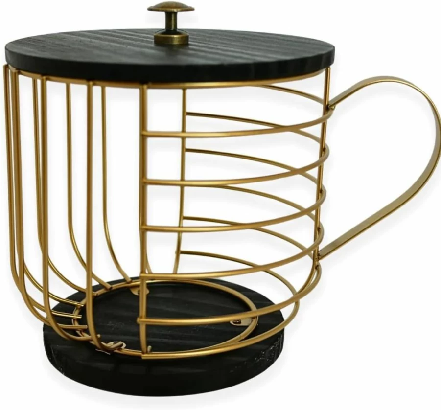 FIVE TWENTY CO. Gold Metal Coffee Pod Holder - Compatible With Nespresso Vertuo & K-Cups, Wooden Base & Lid - Stylish Coffee Pod Storage & Bar Decor