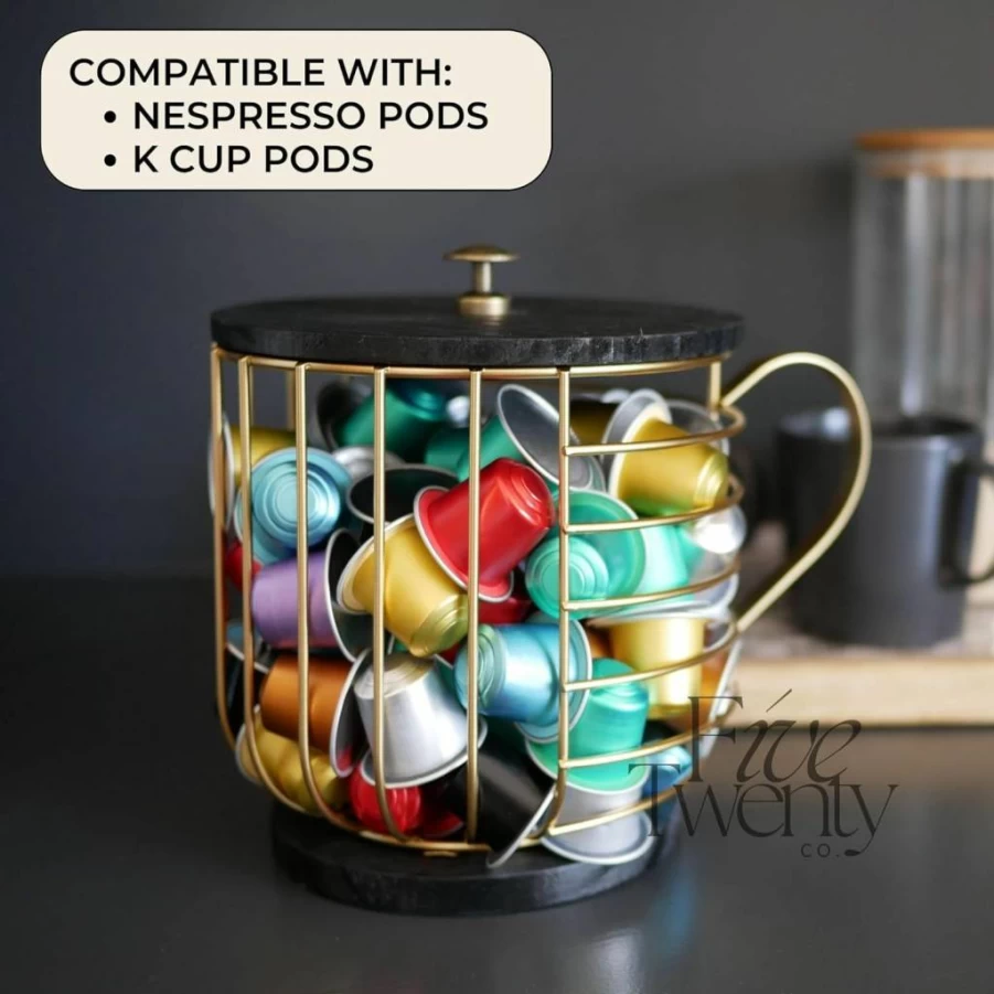 FIVE TWENTY CO. Gold Metal Coffee Pod Holder - Compatible With Nespresso Vertuo & K-Cups, Wooden Base & Lid - Stylish Coffee Pod Storage & Bar Decor