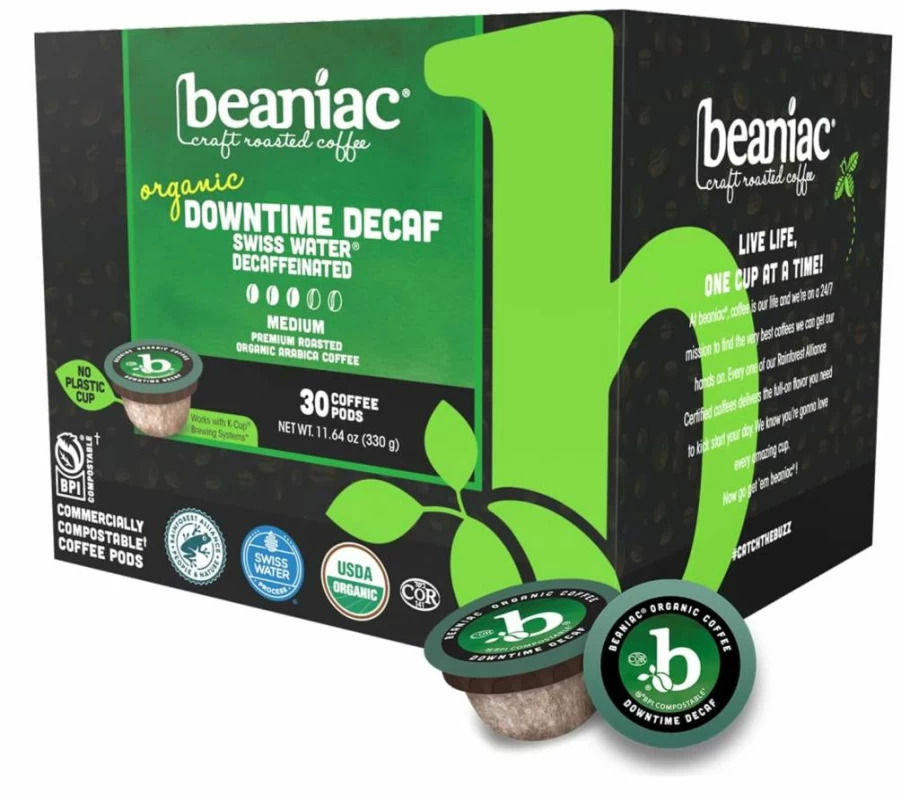 Beaniac Organic Decaf Medium Roast Arabica Coffee K-Cup Pods, Swiss Water Process, Compostable, Keurig Compatible, 30 Count