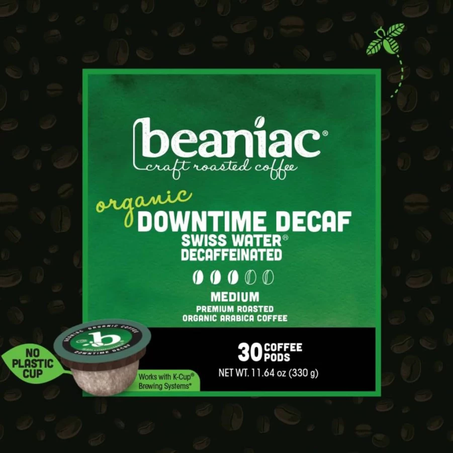 Beaniac Organic Decaf Medium Roast Arabica Coffee K-Cup Pods, Swiss Water Process, Compostable, Keurig Compatible, 30 Count