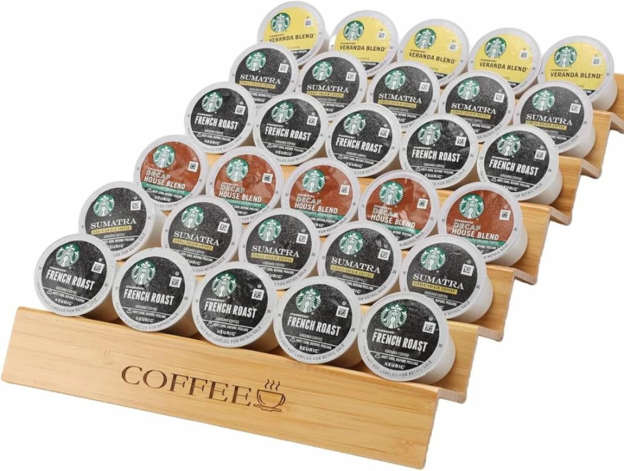MinBoo 2-Tier Bamboo K-Cup Organizer - Countertop & Drawer Storage for 30 Coffee Pods, Keurig Pod Holder for Coffee Station