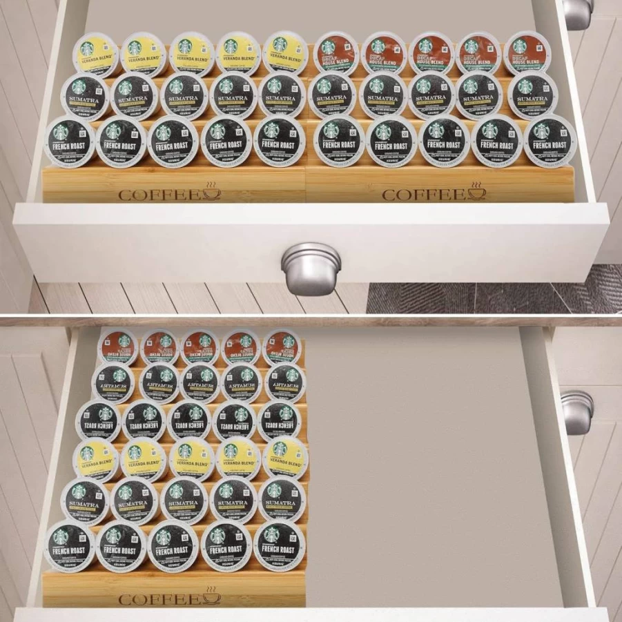 MinBoo 2-Tier Bamboo K-Cup Organizer - Countertop & Drawer Storage for 30 Coffee Pods, Keurig Pod Holder for Coffee Station
