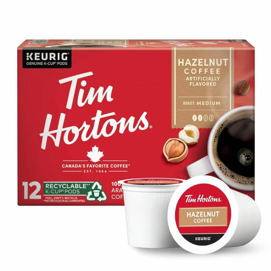 Tim Hortons Medium Roast Hazelnut Flavored Coffee Pods, 12-Count K-Cups for Keurig Brewers, Single-Serve Red Packaging