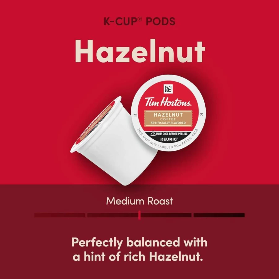 Tim Hortons Medium Roast Hazelnut Flavored Coffee Pods, 12-Count K-Cups for Keurig Brewers, Single-Serve Red Packaging