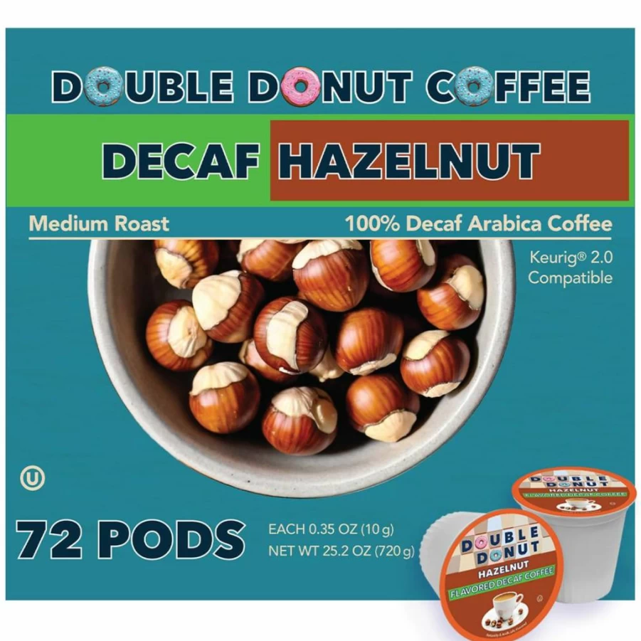 Double Donut Coffee Decaf Hazelnut Medium Roast K-Cup Pods for Keurig - 80 Count Pack, Donut Flavored Decaf Coffee
