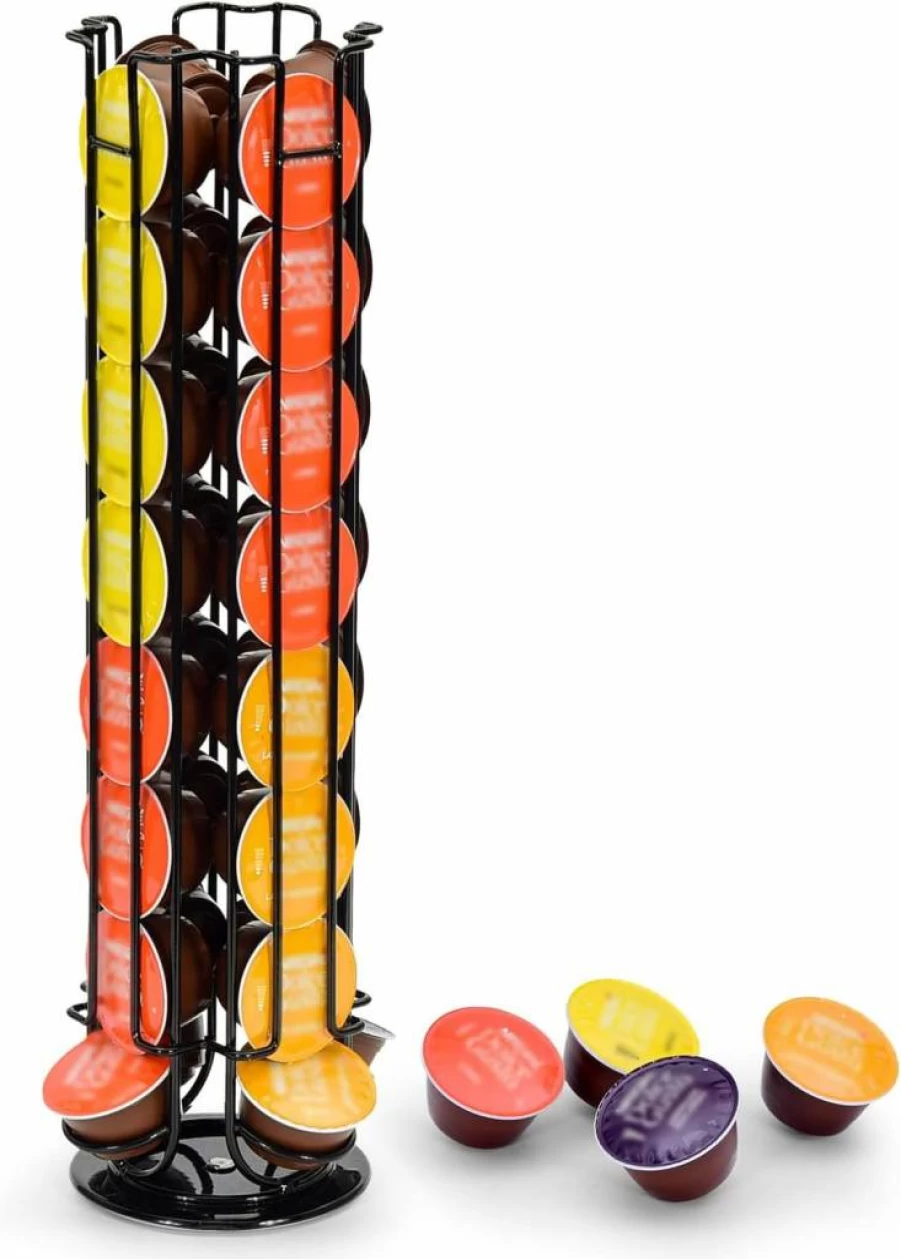 SYSYLY 32-Capsule Coffee Pod Organizer Carousel - Modern Black Spinning Holder for Dolce Gusto, Keurig & Nespresso - Space-Saving Kitchen & Office Counter Storage