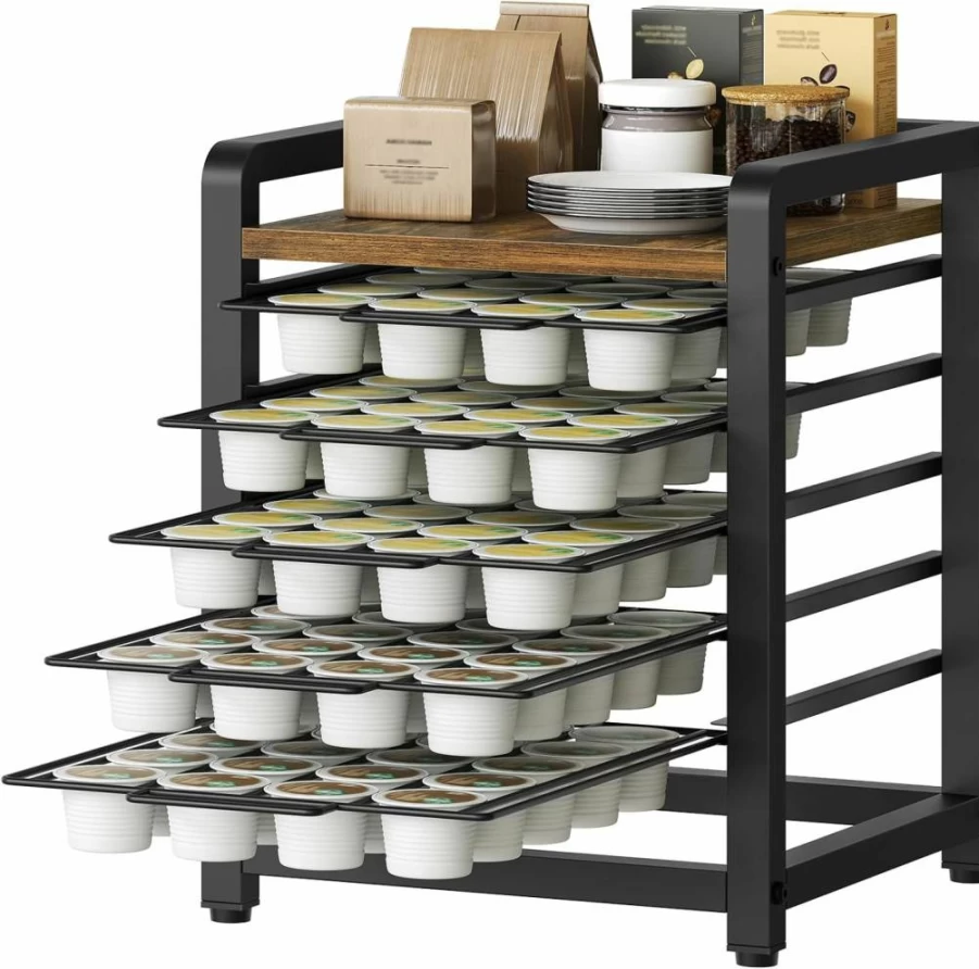 YATINEY 5-Tier Coffee Pod Organizer – Rustic Brown KH05Br Desktop Storage Rack, Holds 100 K-Cups, Space-Saving for Kitchen, Office, Cafe