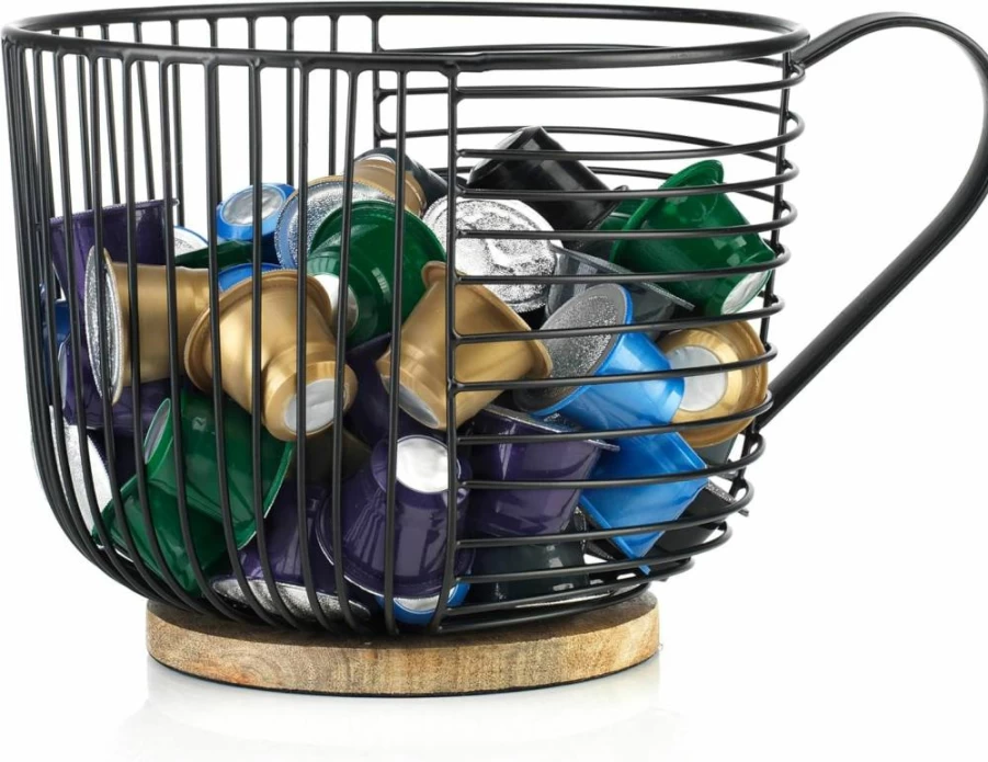 MosJos Large Capacity Coffee Pod Holder - Modern Black Wire K-Cup Organizer with Wooden Base for Nespresso & Keurig - Kitchen Countertop Storage Basket (Handle Included)