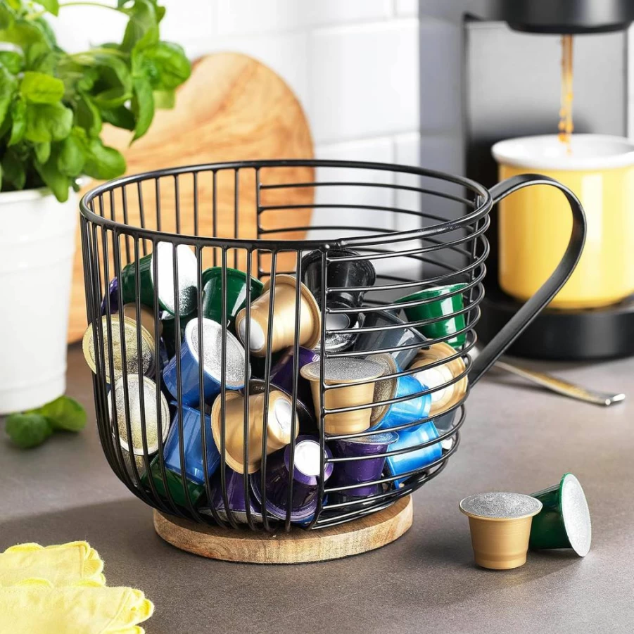 MosJos Large Capacity Coffee Pod Holder - Modern Black Wire K-Cup Organizer with Wooden Base for Nespresso & Keurig - Kitchen Countertop Storage Basket (Handle Included)