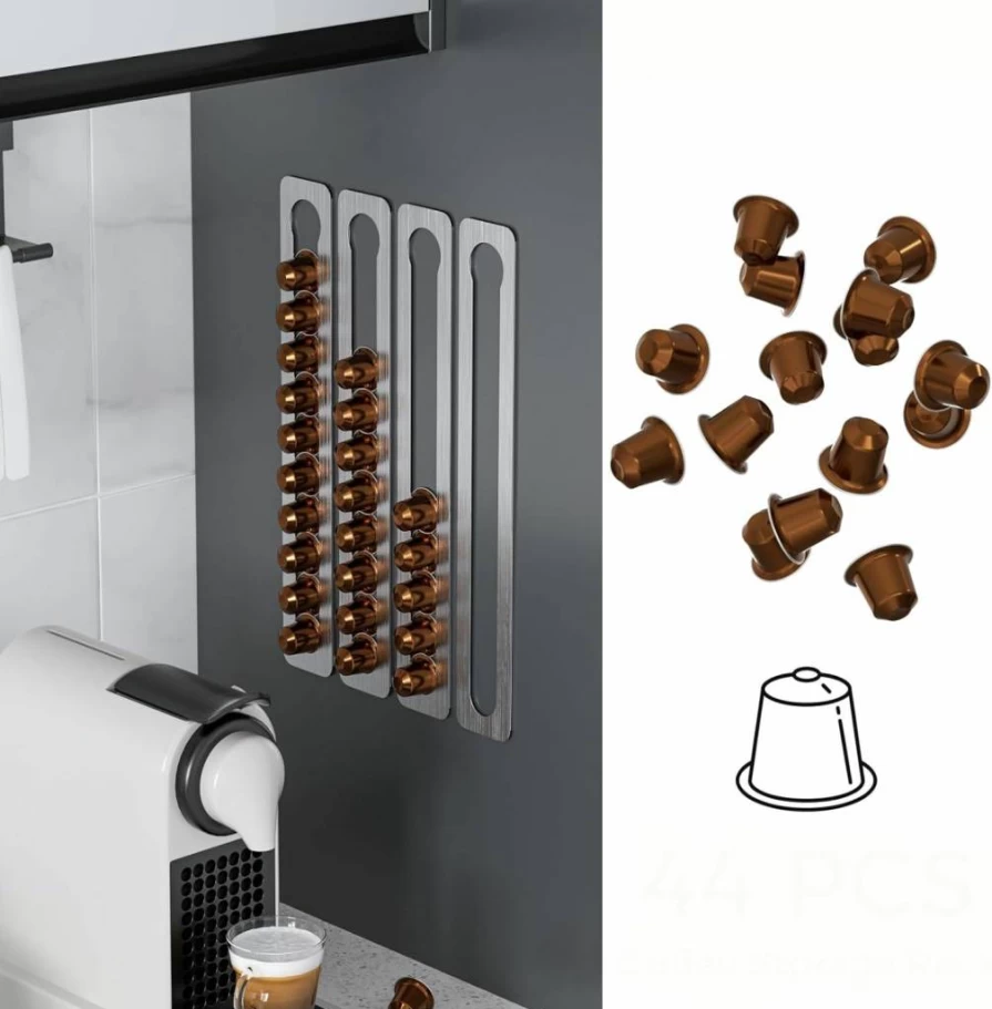 JNIHEEP Stainless Steel Coffee Pod Holder - Wall or Under Cabinet Mount for Nespresso Capsules, 15.75 Inch Storage Rack Holds 44 Pods (4 Pack)