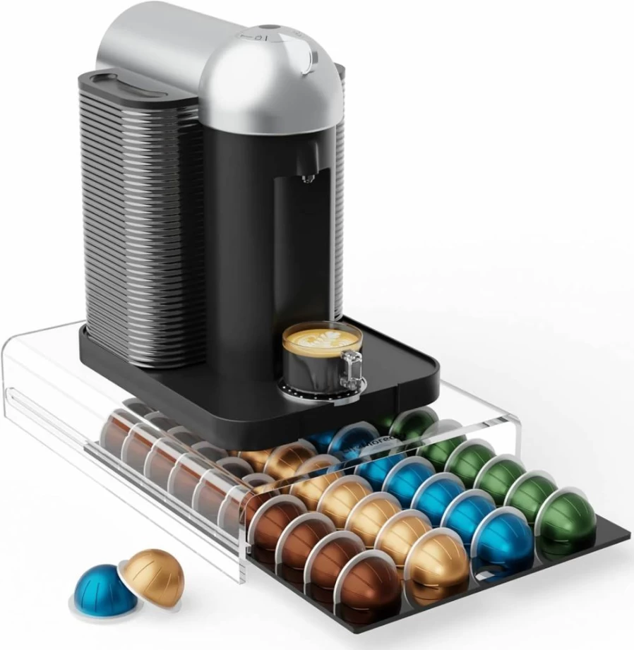 LifeMoreasy Acrylic Coffee Pod Organizer for Nespresso Vertuo - Holds 40 Capsules, Countertop Storage Drawer