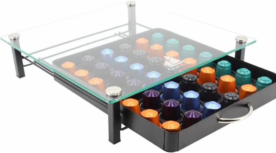 Flagship 60-Capsule Coffee Pod Organizer for Nespresso OriginalLine - Black Metal & Bamboo Drawer Storage