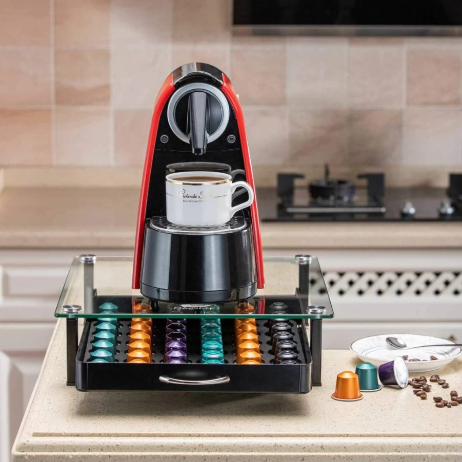 Flagship 60-Capsule Coffee Pod Organizer for Nespresso OriginalLine - Black Metal & Bamboo Drawer Storage