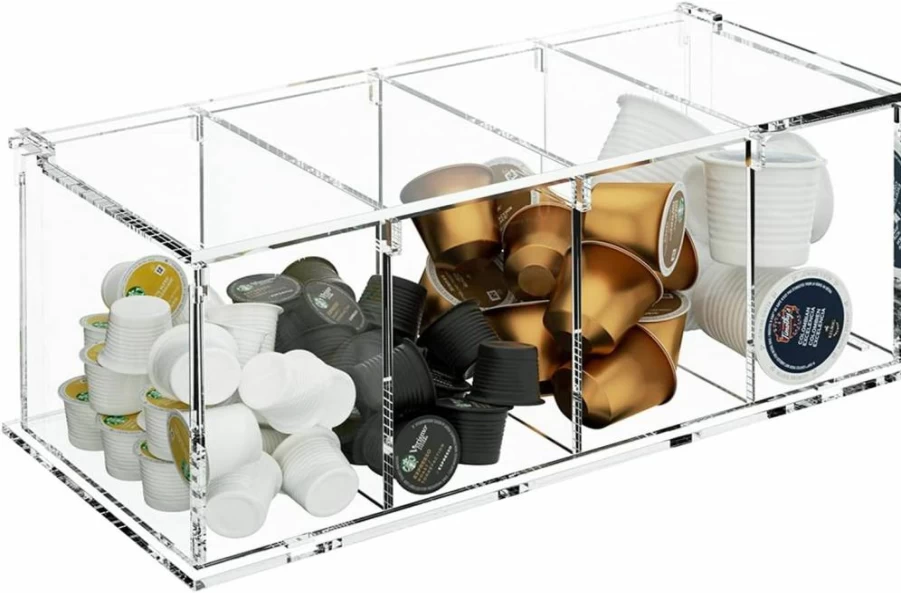 RR RAXMIN Acrylic Coffee Capsule Organizer - 4 Compartment Clear K-Cup Pod Storage Box With Lid, Coffee Bar Accessories for Nespresso & Keurig Machines
