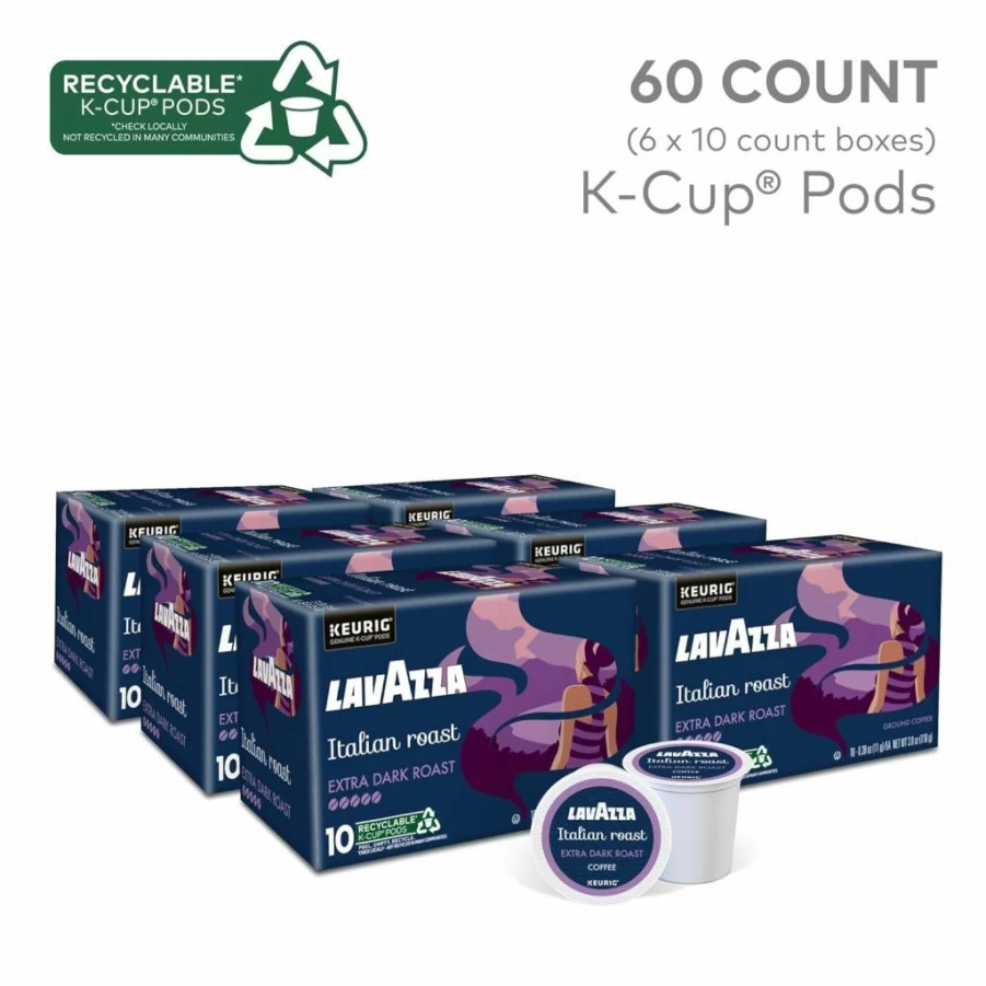 Lavazza Italian Roast Coffee Pods for Keurig Brewers, 60 K-Cup Pods (6 Packs of 10) - Single Serve Espresso Blend