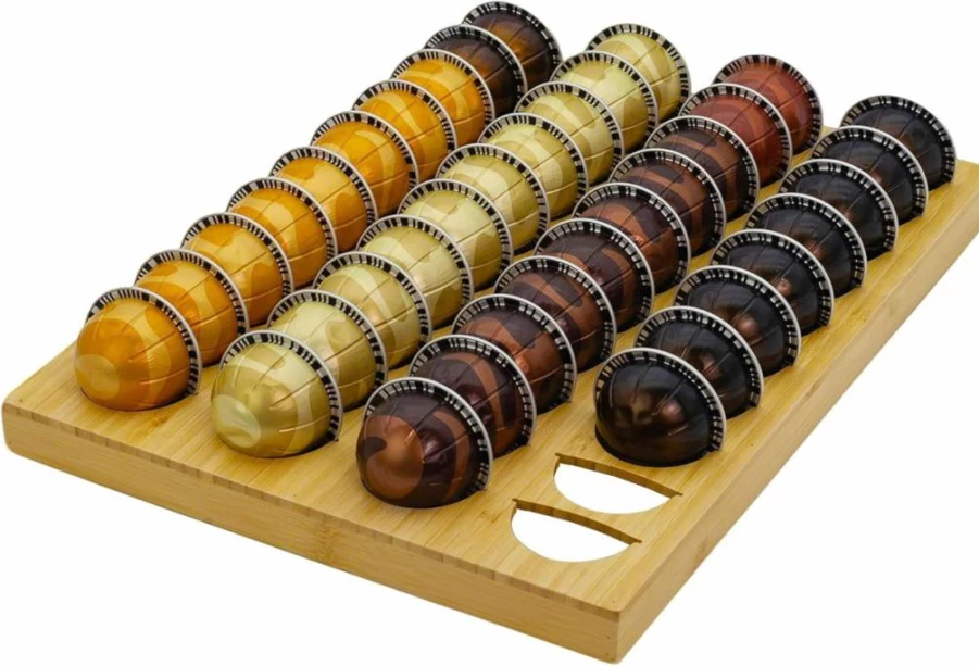 MinBoo Bamboo Coffee Capsule Organizer Drawer Insert – Holds 48 Pods, Compatible with Nespresso & Keurig, Kitchen & Office Storage Tray, Eco-Friendly Home Accessory
