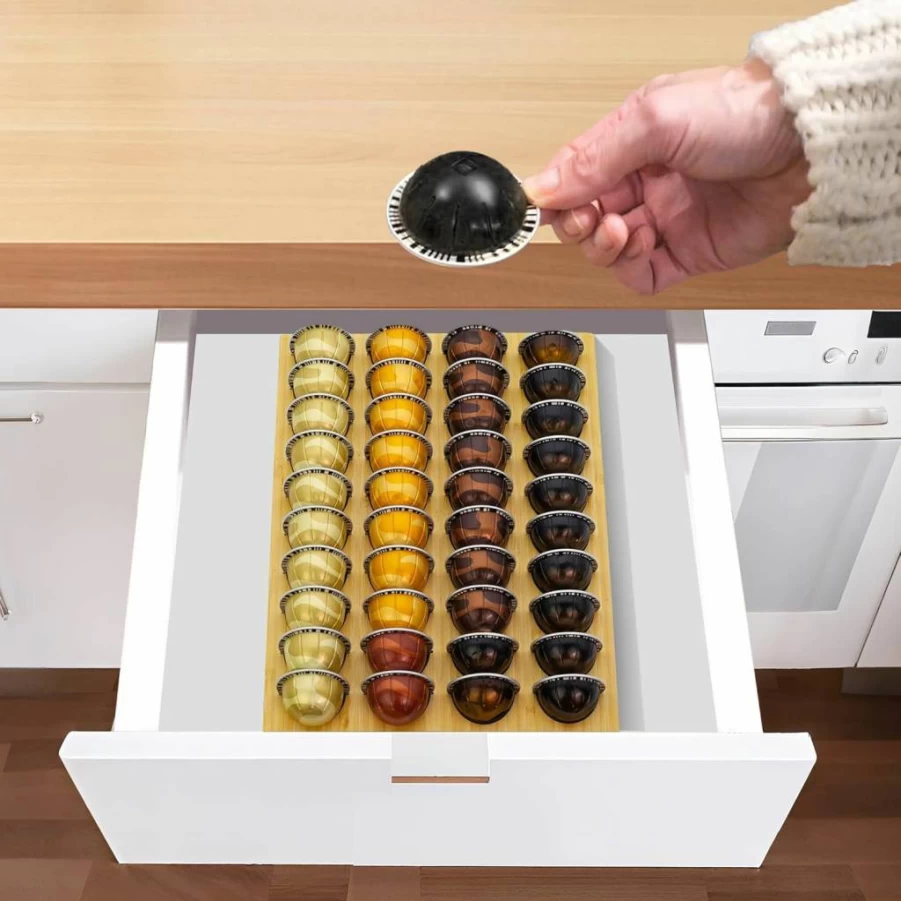 MinBoo Bamboo Coffee Capsule Organizer Drawer Insert – Holds 48 Pods, Compatible with Nespresso & Keurig, Kitchen & Office Storage Tray, Eco-Friendly Home Accessory