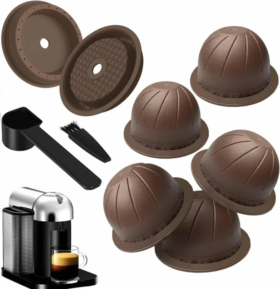 Lotusland 5-Pack Reusable Vertuo Coffee Pods for Nespresso Vertuo Machines, 150ml Refillable Capsules with 2 Lids, Spoon & Cleaning Brush (Brown)