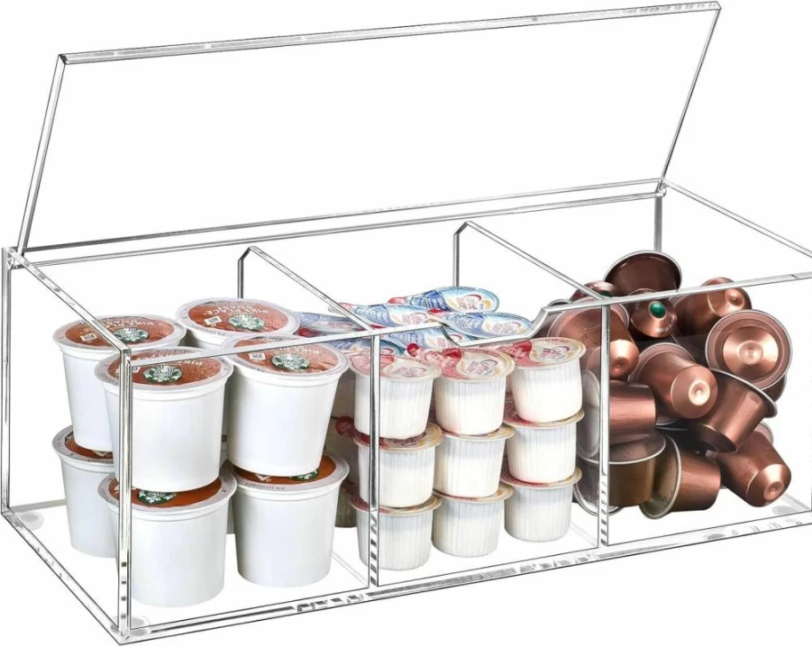 BEYGORM Clear Acrylic Coffee Pod Holder for 24 K-Cups - 3 Compartment Storage Organizer with Lid, Compatible with Coffee Capsules and Creamer, Coffee Bar Station Accessory