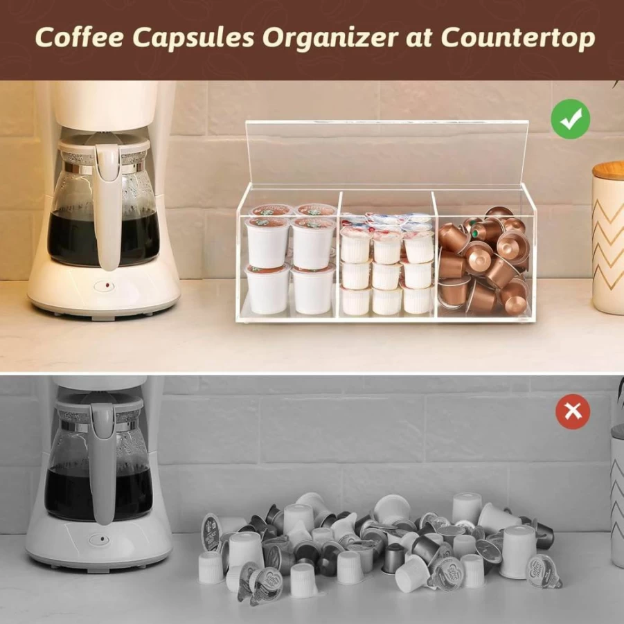 BEYGORM Clear Acrylic Coffee Pod Holder for 24 K-Cups - 3 Compartment Storage Organizer with Lid, Compatible with Coffee Capsules and Creamer, Coffee Bar Station Accessory