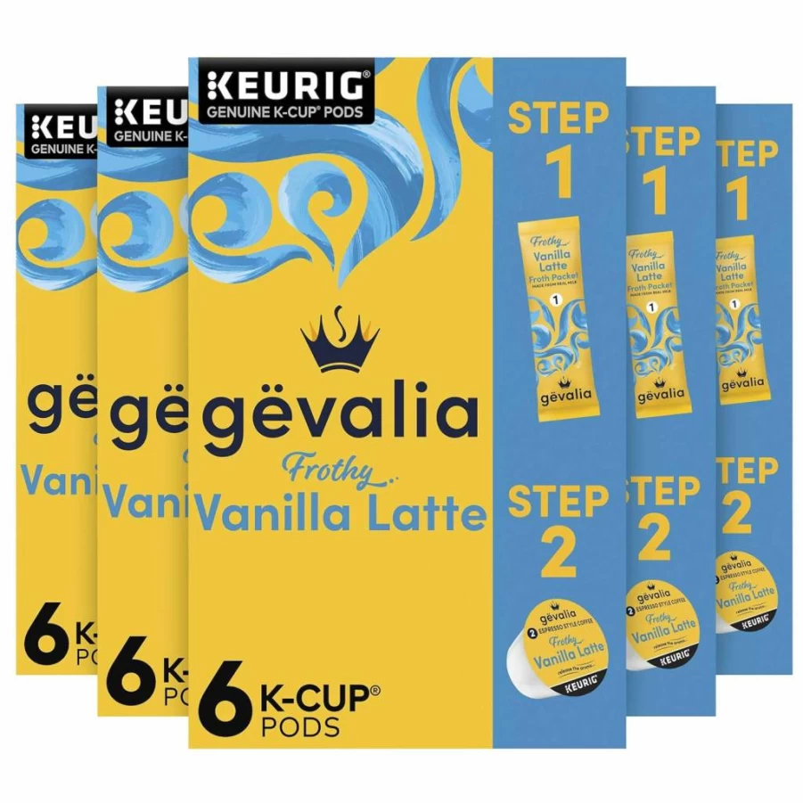 Gevalia Vanilla Latte K-Cup Coffee Pods with Froth Packets, 2-Step Espresso Kit, 6 Count (Pack of 6)