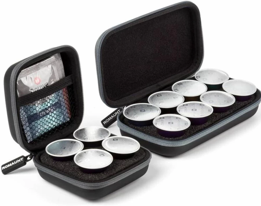ROMAUNT Portable Espresso Pod Holder - Hard Shell Protective Case for Nespresso & Compatible Coffee Capsules (Grey, 2 Pack, 4/8 Pod Capacity)