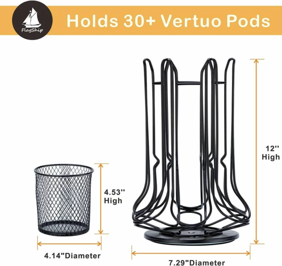 Flagship 360-Degree Silent Spinning Nespresso Pod Holder for Vertuo & Original – 30+ Capsule Storage with Removable Basket, Compact Coffee Pod Carousel Organizer