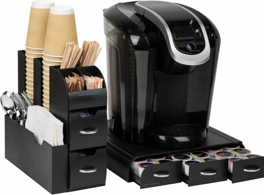 Mind Reader 2-Piece Coffee Pod Organizer Drawer with Condiment Tray, 36-Capacity, Black – 5.35"L x 11.25"W x 11.15"H