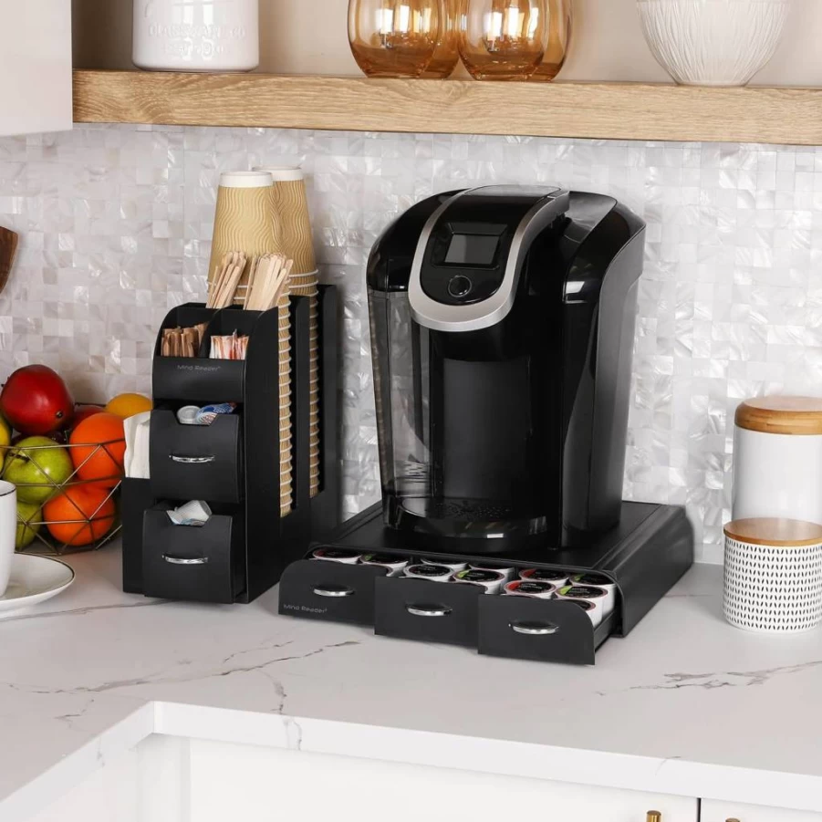Mind Reader 2-Piece Coffee Pod Organizer Drawer with Condiment Tray, 36-Capacity, Black – 5.35"L x 11.25"W x 11.15"H
