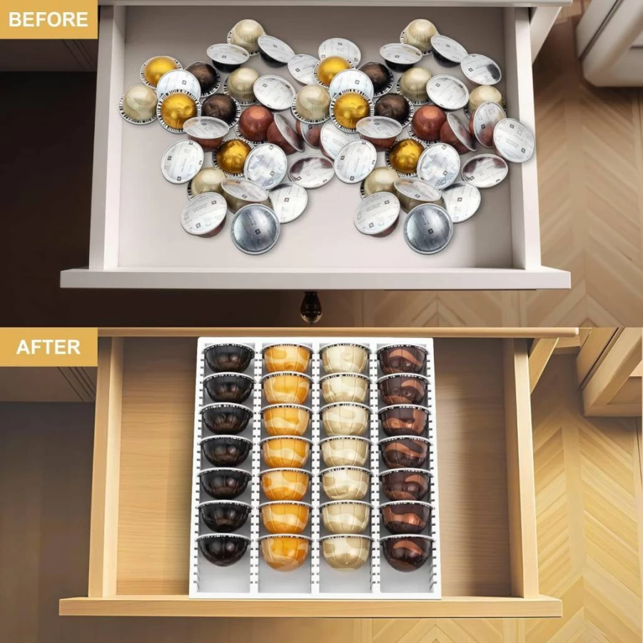 MinBoo Bamboo Coffee Pod Organizer Drawer Insert for VertuoLine Capsules - Countertop Storage for Kitchen, Office, Coffee Station