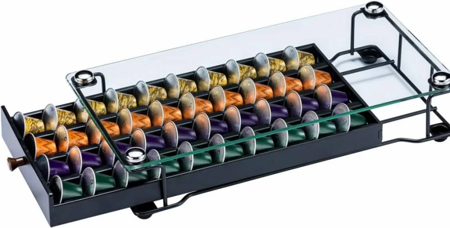 ZCDCP 40-Count Coffee Capsule Holder for Nespresso Original Pods with Tempered Glass Top - Black Storage Drawer