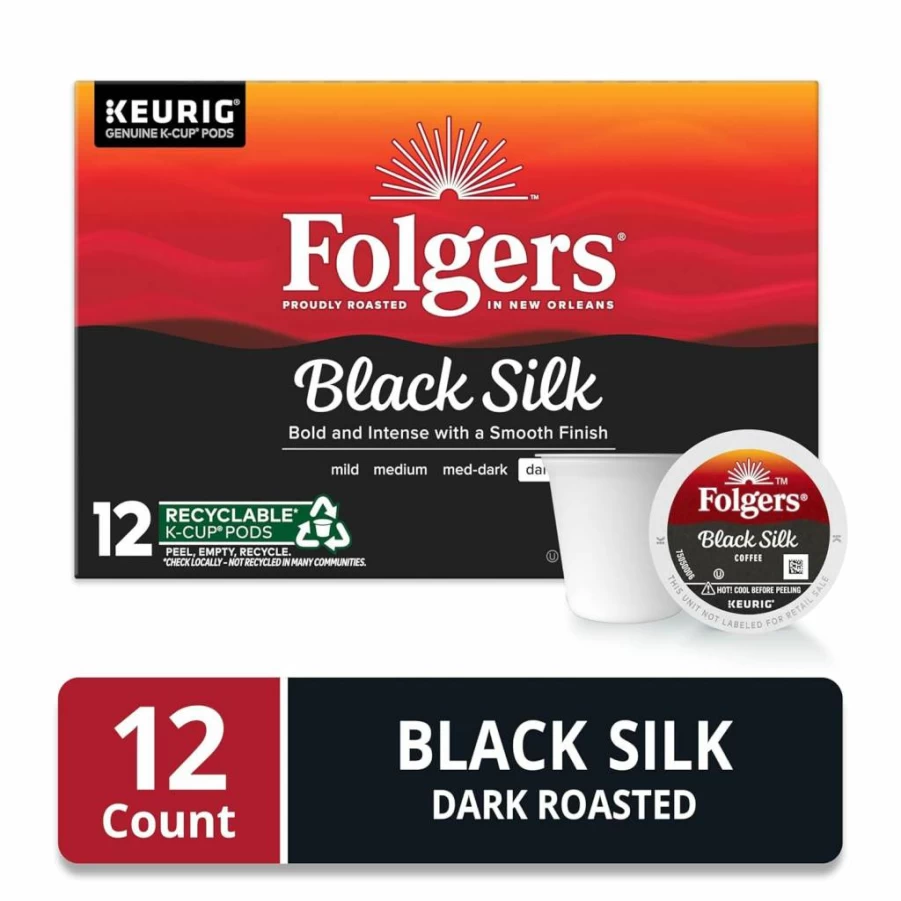 Folgers Black Silk Dark Roast Coffee K-Cup Pods, 12 Count, Compatible with Keurig Brewers