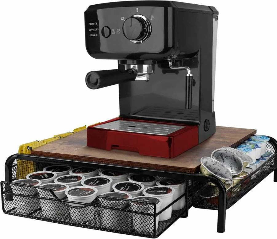 Lyeasw Rustic Brown Coffee Pod Holder - 30 K-Cup Storage Drawer with Side Baskets for Organized Coffee Station