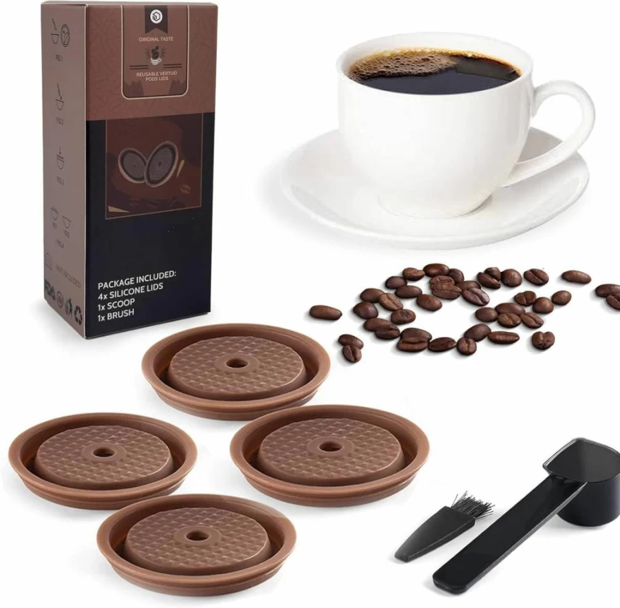 Reusable Silicone Coffee Capsule Lids for Nespresso VertuoLine Pods - Food Grade Refillable Caps Compatible with All Sizes, Includes Scoop and Brush (Black, Generic Brand)