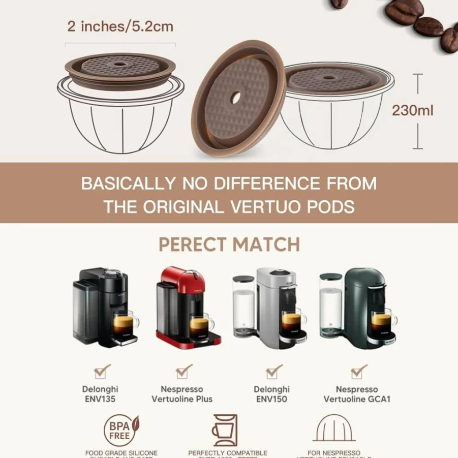 Reusable Silicone Coffee Capsule Lids for Nespresso VertuoLine Pods - Food Grade Refillable Caps Compatible with All Sizes, Includes Scoop and Brush (Black, Generic Brand)