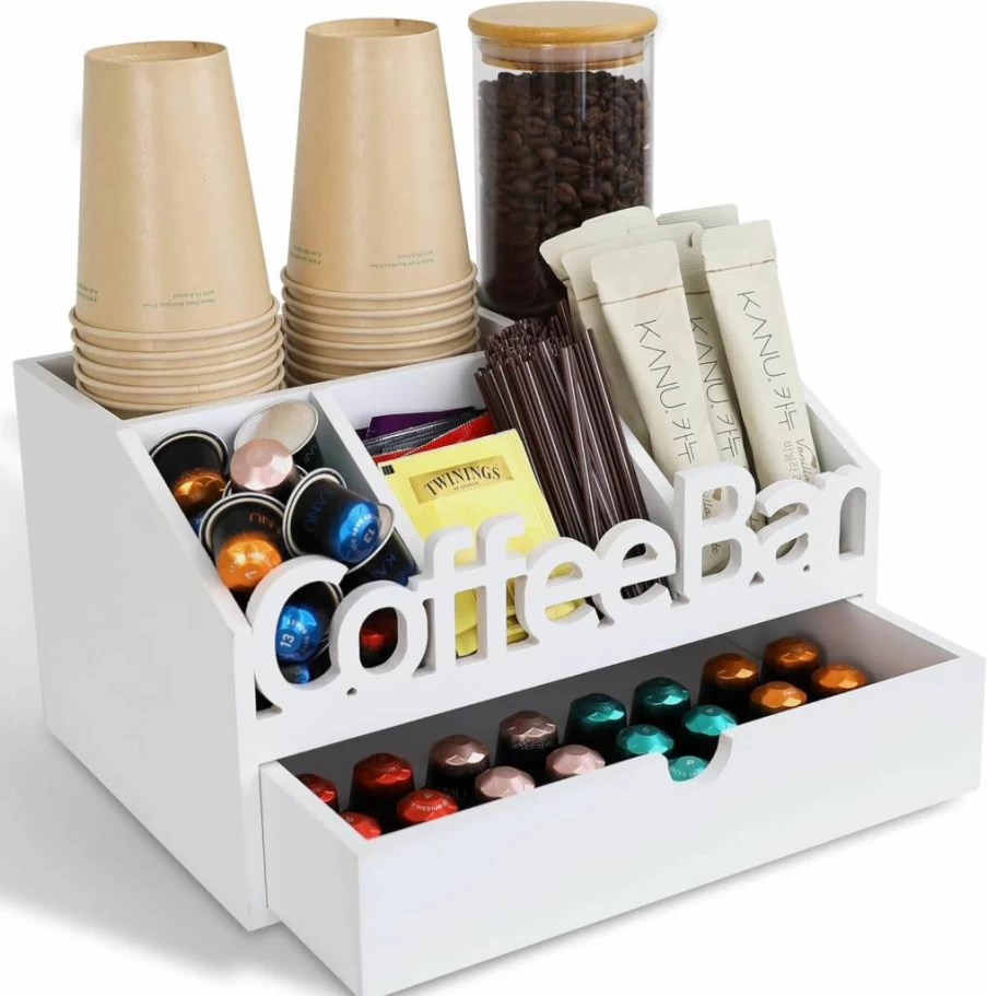 ADDFIT HOUSE Wooden Coffee Bar Organizer - Countertop Storage for Coffee Pods, Condiments & Essentials, Home and Office Coffee Accessories