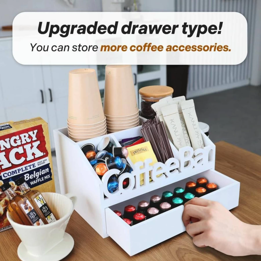 ADDFIT HOUSE Wooden Coffee Bar Organizer - Countertop Storage for Coffee Pods, Condiments & Essentials, Home and Office Coffee Accessories