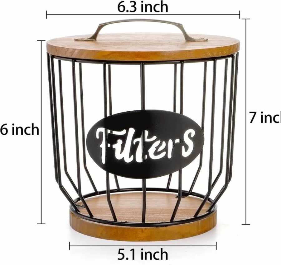 Yarlung Rustic Wooden Coffee Pod Holder – Large Capacity K-Cup Storage Basket with Lid, Black Wire Organizer for Kitchen Countertop & Cafe Bar